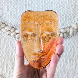 Vintage Amber Glass Face Paperweight - MCM Art Glass Sculpture 4.5"